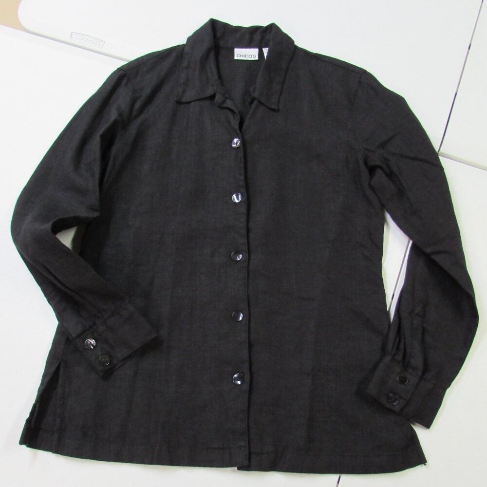 Chicos Vintage 100% Linen Black Button Down Chicos Size 0 (Small-4)